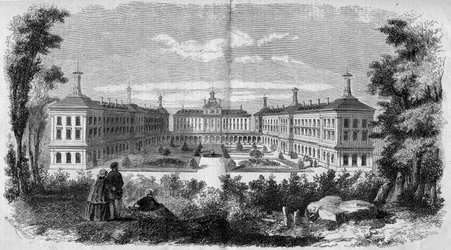 Architektur: Gesamtansicht des Militärkrankenhauses von Vincennes (1858). Gravur in „Le Monde Illustré“ Nr. 61 vom 12. Juni 1858.