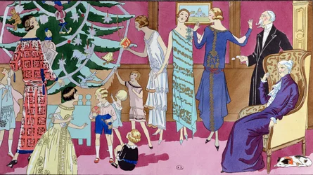 Um den Weihnachtsbaum, Modeplatte aus der Zeitschrift Art Gout Beaute, Dezember 1923