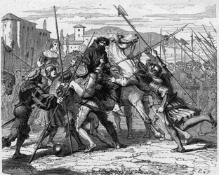 Gefangennahme von Ludovico Maria Sforza, genannt il Moro (1452-1508), 1500 in Mailand: Von Schweizer Söldnern verraten, fiel er in die Hände der französischen Armee. Stich in „Geschichte Frankreichs in hundert Gemälden“ von Paul Lehugeur