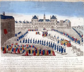 Ankunft von Ludwig XVI. im Hôtel de Ville de Paris am 17. Juli 1789 - Gravur