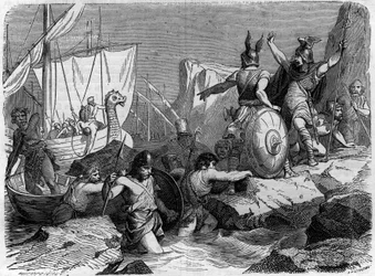 Ankunft der Normannen an der französischen Küste im Mittelalter. Gravur in „Histoire des Papes-Rois-Reines und Kaiser durch die Jahrhunderte“ von Maurice Lachatre