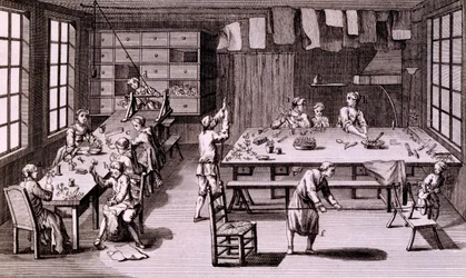Künstlicher Blumenladen, Illustration aus der Enzyklopädie oder einem systematischen Wörterbuch der Wissenschaften, Künste und Handwerke von Denis Diderot, veröffentlicht 1765