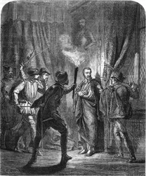 Ermordung des Admirals de Coligny während des Massakers der Bartholomäusnacht 1572. In „Histoire populaire de la France“, ohne Datum, um 1885. Stich.