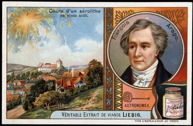 Astronomie: Fall eines Aerolithen mitten am Tag, mit dem Porträt von François Arago (1786-1853) - Liebig Chromolithographie