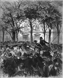Attentat auf den deutschen Kaiser Wilhelm II. (1797-1888), Berlin, 2. Juni 1878: Der Kaiser wurde durch einen Schuss des deutschen Anarchisten Karl Nobiling verletzt. Gravur in „Le Monde Illustré“ Nr. 1106 vom 8. Juni 1878.