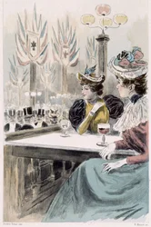 Im Moulin Rouge: Frauen sitzen vor einem Glas - in "Nos contemporains" von Octave Uzanne