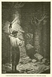 In den tiefen Minen trifft der Bergmann erstaunt auf die alten begrabenen Wälder (Gravur)