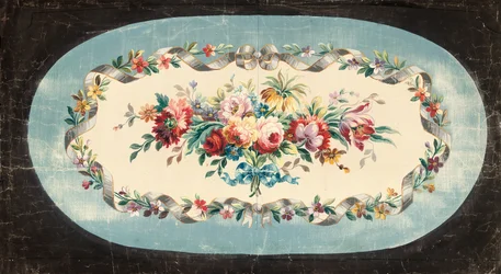 Aubusson-Design für eine Sofarückseite oder Sitzrückseite mit Blumensträußen innerhalb von Bändern und Blumenrändern