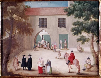 Almosen im Hof der Abtei Port Royal des Champs. Ansicht des Innenhofs von Port-Royal-des-Champs. Anonymes Gemälde der französischen Schule