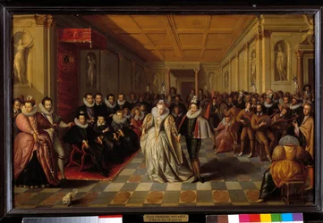 Ball im Louvre in Anwesenheit von Heinrich III. und Katharina de Medici zur Hochzeit von Anne, Herzog von Joyeuse, und Margarete von Lothringen Vaudemont am 24. September 1581