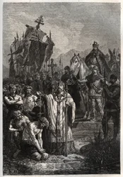 Taufe des heidnischen sächsischen Anführers Widukind unter dem Druck Kaiser Karls des Großen - Karl der Große zwingt den Sachsen die Taufe auf - Bekehrung Widukinds oder Witikinds vor Karl dem Großen im Jahr 785 - Stich aus „L