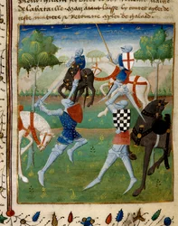 Kampf zwischen dem Ritter Palamede und Artus (oder Arthur) dem Kleinen. Miniatur aus dem Manuskript "Der Roman von Tristan" für Meister Charlkes von Maine