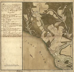 Schlacht von Green Spring, Karte des Landes am linken Ufer des James River gegenüber von Jamestown in Virginia, wo die Schlacht am 6. Juli stattfand