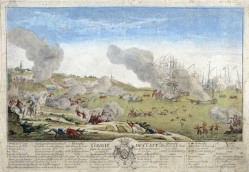 Schlacht von Saint Cast, bei der die französischen Truppen der Bretagne die Engländer 1758 besiegten. Illustration im Museum von Dinan.