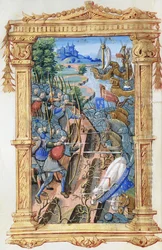 Schlachtenszene zwischen Bogenschützen und Kavallerie, mit Burg und Schiffen, ca. 1495-1500