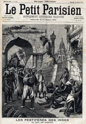 Von der Pest heimgesuchtes Indien, Einwohner fliehen vor der Epidemie, bevor sie die Beulenpest bekommen. Titelseite der englischen Zeitung Le Petit Parisien. 24. Januar