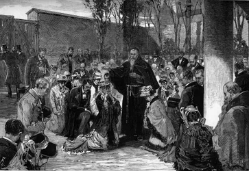 Segnung der Gläubigen im Hof der Kapuziner in der Rue de la Santé in Paris am 30. Oktober 1880, vor ihrer Vertreibung nach den Dekreten vom März 1880, die von Jules Ferry erlassen wurden und den Mitgliedern nicht genehmigter religiöser Kongregationen das R
