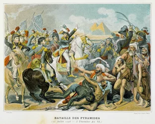 Bonaparte (Mitte) und seine Truppen während der Schlacht bei den Pyramiden am 21. Juli 1798.