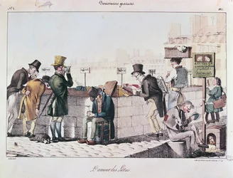 Bouquinisten entlang der Ufer der Seine in Paris, frühes 19. Jahrhundert