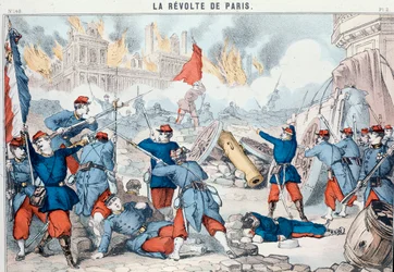 Brand und Zerstörung des Pariser Rathauses durch die Kommunarden, Mai 1871 (Epinal-Druck)