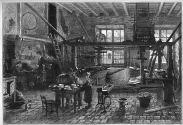 Canut-Werkstatt. Innenansicht einer Seidenweberwerkstatt in Lyon während einer Krise Ende des 19. Jahrhunderts. Gravur in „Le Monde Illustré“ Nr. 1039 vom 10. März 1877.