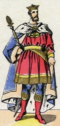 Kapetische Dynastie: Porträt von Philipp I. von Frankreich (1052-1108), König der Franken von 1060 bis 1108. Epinal-Bildgebung aus dem späten 19. Jahrhundert. Private Sammlung.