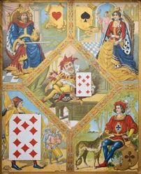 Kartenspiel, Platte mit Herz-König, Pik-Dame, Karo-Zehn und Kreuz-Bube, Zwerg Lindoro mit Karo-Sieben in der Mitte, Frankreich