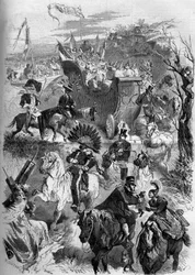 Karneval des Mardi Gras, Frankreich, 8. März 1859: Abstieg nach Paris der Maskerade von Sèvres. Gravur in „Le Monde Illustré“ Nr. 100 vom 19. März 1859.