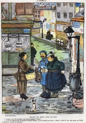 Karikatur über den misslungenen Versuch einer Frau, ihren Mann zu täuschen, aus der April-Ausgabe von La Baionette, 29. März 1917