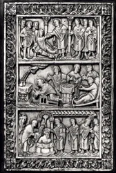 Geschnitzte Platte für einen Bucheinband, Szenen aus dem Leben des St. Remigius und die Taufe von Chlodwig I.