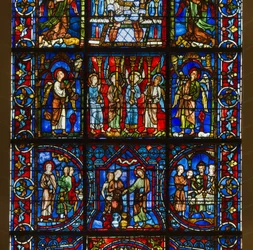 Kathedrale von Chartres, Buntglas: Unsere Liebe Frau vom schönen Glas mit dem öffentlichen Leben Christi darunter, Detail (Mitte)