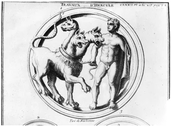 Cerberus von Herkules gezähmt
