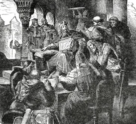 Karl der Große mit Schülern und Lehrern seiner Palastschule in Aachen, ca. 1890