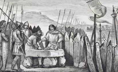 Karl III. der Dicke (839-88) zahlt den Wikinger-Invasoren 886 Tribut, aus 
