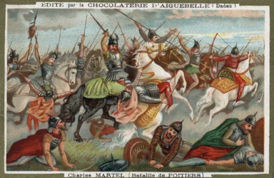 Karl Martell stoppt die Muslime in der Schlacht von Poitiers im Jahr 732. Chromolithographie des 19. Jahrhunderts.