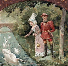 Karl VII. (1403-1461) mit seiner Favoritin, Agnes Sorel (bekannt als die Dame von Beauté-sur-Marne) (1422-1450), füttert Schwäne im Park des Schlosses von Savigny-sur-Orge. Chromolithografie des späten 19. Jahrhunderts