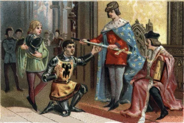 Karl V., der Weise (1338-1380), übergibt feierlich das Schwert des Konnetabel Bertrand du Guesclin (1320-1380). Chromolithographie um 1890.
