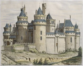 Schloss Pierrefonds, Illustration aus Le Moniteur des architectes, graviert von Bosredon (Farbstich)