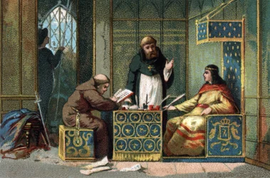 Childebert II., König von Frankreich von 695 bis 711, in seinem Schloss in der Oise, umgeben von Mönchen, die seine Arbeit teilen