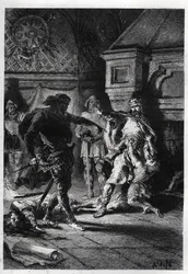 Childebert I. (ca. 498-558) beim Mord an den Erben seiner Brüder im Jahr 526 - Childebert I. lässt Chlothar die Kinder ihres Bruders Chlodomer, König von Orléans, massakrieren, deren Staaten sie teilen, 526 - Gravur aus „L