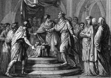 Chlothar II. (584-628), präsidiert über das erste „Champ de mars“ oder Placita (Plaids), ein wanderndes Parlament, nach der Wiedervereinigung der vier Königreiche Frankreichs im Jahr 613. Gravur aus dem 18. Jahrhundert