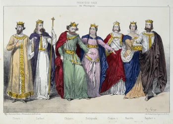 Clotaire I, Caribert, Chilperic, Fredegonde, Clotaire II, Nantilde, Dagobert I - in „La monarchie française en estampes“