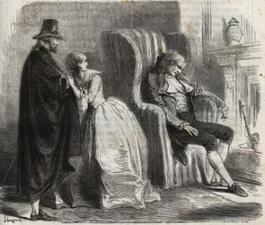 Clotilde Sprengel und Zacharie Bergmann beobachten den deutschen Arzt Petrus Schultz, der im 18. Jahrhundert eingeschlafen ist. Gravur von 1871 in „Histoire Des Cocuses Celebres“ von Henry de Kock
