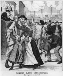 Kohlebergleute kehren zur Arbeit zurück, Illustration aus Le Petit Journal, frühes 20. Jahrhundert