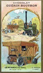 Sammelkarte von Chocolat Guerin-Boutron, die eine Dampfdreschmaschine zeigt