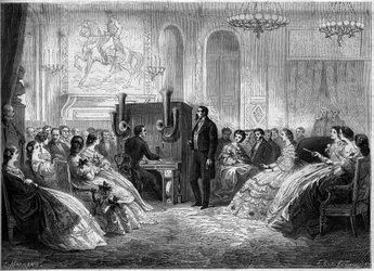 Konzert des „Piano-Elektromotor-Orchesters“ von seinem Erfinder J.B. Schalkenbach, in Anwesenheit von Napoleon III. und Kaiserin Eugénie de Montijo. Palais de Saint-Cloud