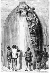 Bau einer Rakete, Illustration aus Von der Erde zum Mond von Jules Verne (1828-1905) Paris, Hetzel, veröffentlicht 1865