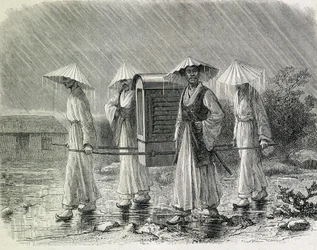 Koreaner in einem Palankin (Regenanzug der Koreaner) tragen einen Stuhl. Illustration aus „Eine Expedition in Korea“ von Herrn H. Zuber, ehemaliger Marineoffizier (1866) - in „Tour du Monde“.