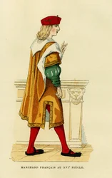 Kostüm eines französischen Kaufmanns im 17. Jahrhundert. Farbstich, in „Frankreich und die Franzosen durch die Jahrhunderte“ von Augustin Challamel, F. Roy Herausgeber, Paris 1882. Selva Sammlung.