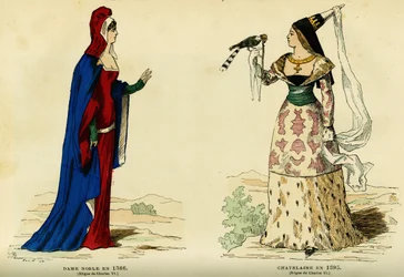 Kostüme einer Edeldame im Jahr 1386 und einer Burgherrin im Jahr 1395 (Regierungszeit von Karl VII. 1403-1461). Farbstich, in „Frankreich und die Franzosen durch die Jahrhunderte“ von Augustin Challamel, F. Roy Herausgeber, Paris 1882. Selva Sammlung.